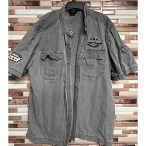 Mens Harley Davidson Gray Embroidered Patched Military Top Gun Button Shirt XL
